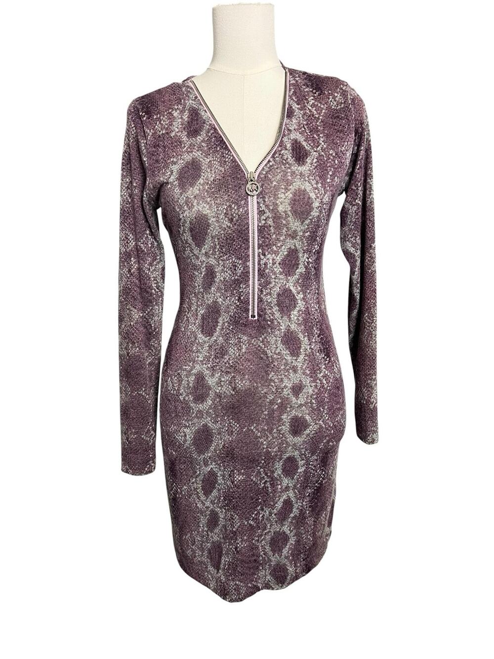 Michael Kors Sweater Dress Womens Small Purple Snake Zip Bodycon Knit